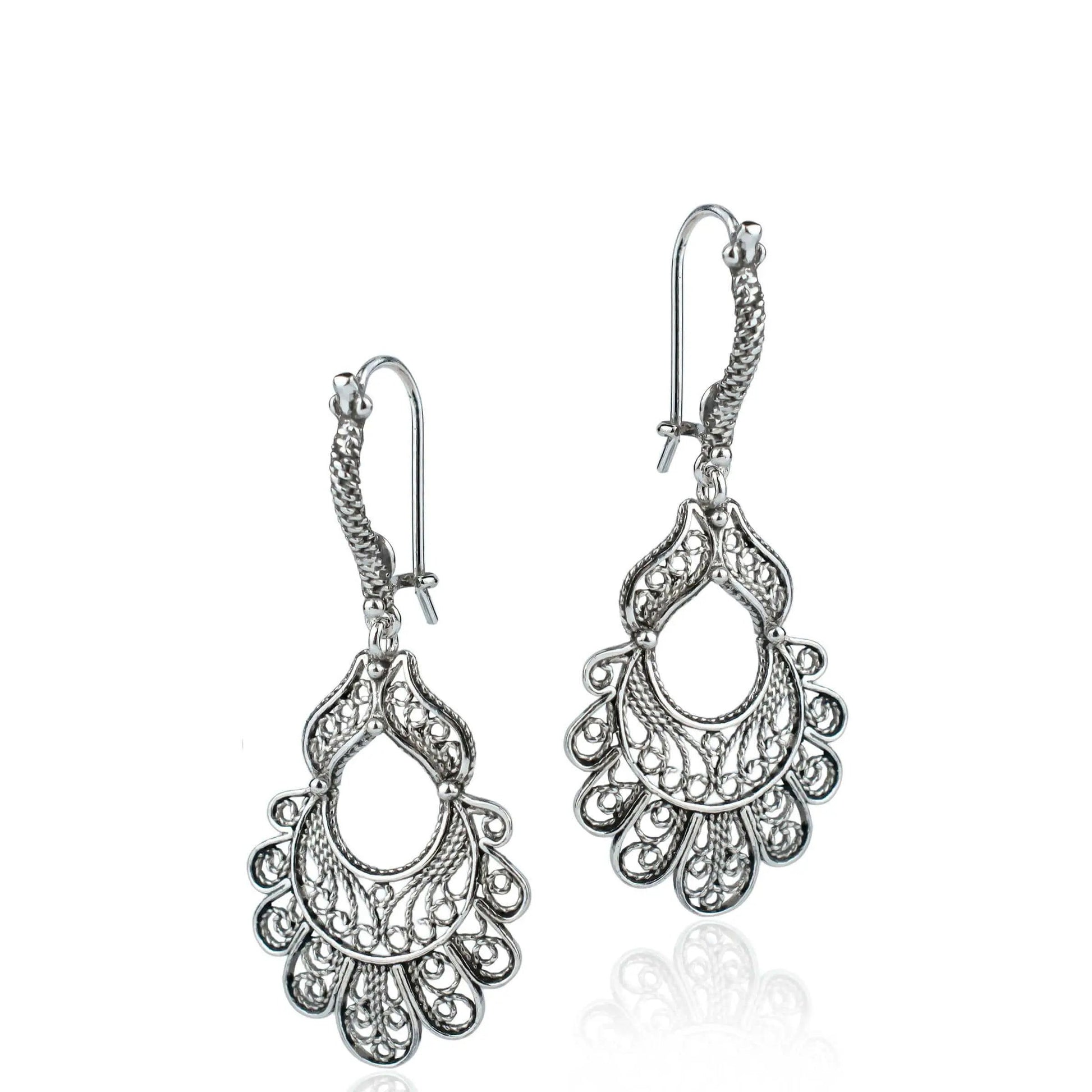 Sterling Silver Filigree Art Peacock Design Women Dangle Drop Earrings-2