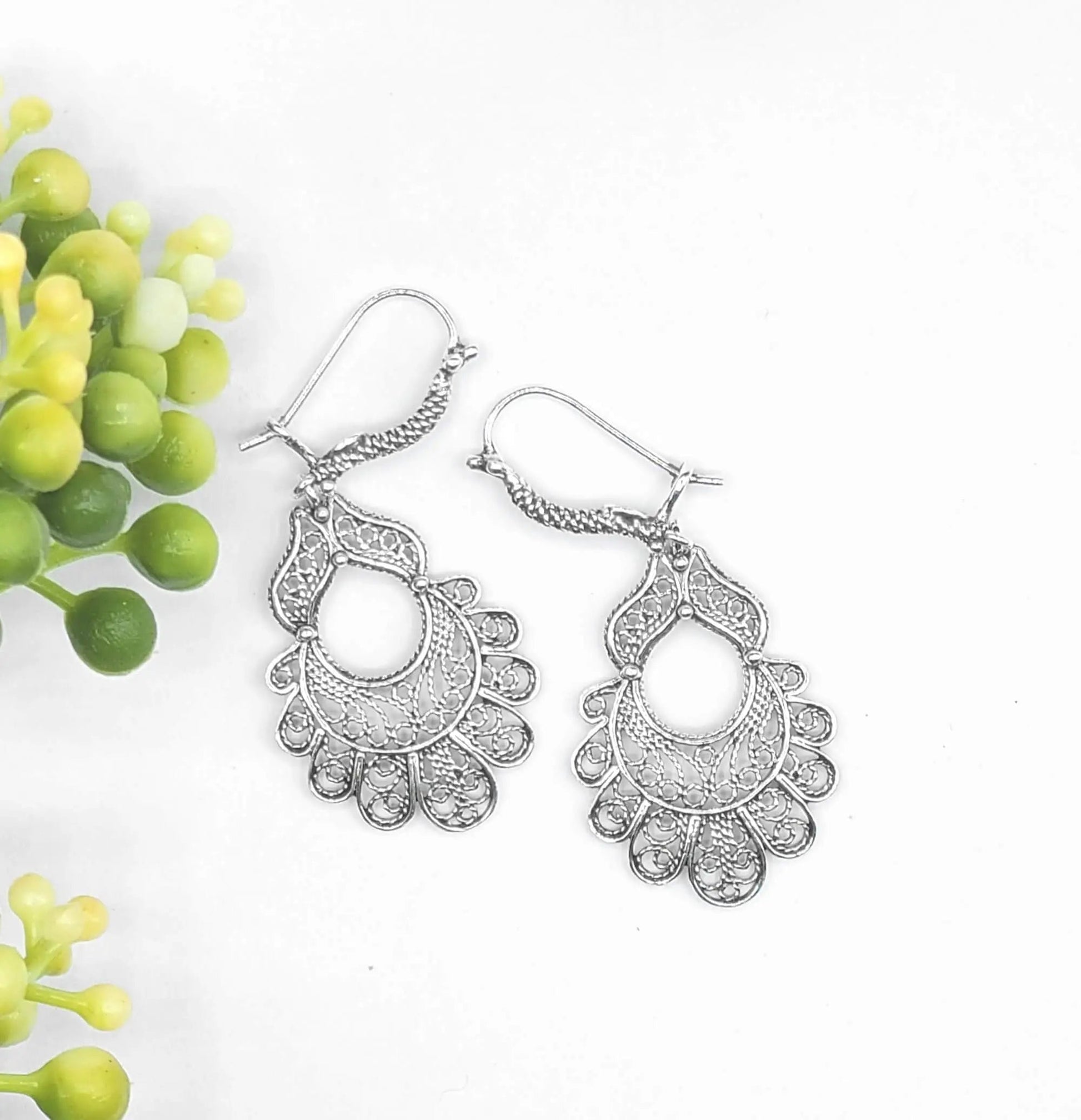 Sterling Silver Filigree Art Peacock Design Women Dangle Drop Earrings-3