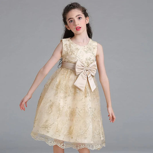 Gold Embroidery Floral Patterns Dress For Girls