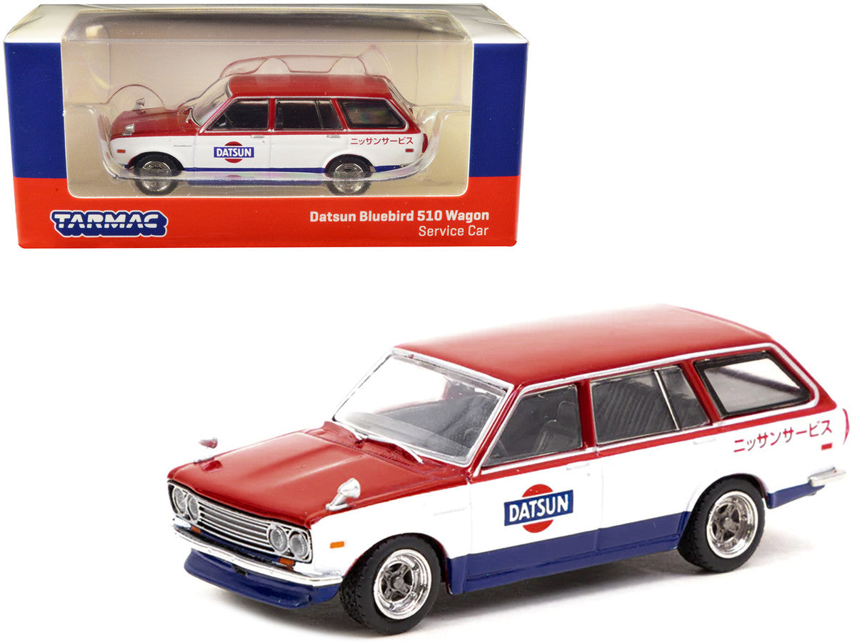 Datsun Bluebird 510 Wagon Service Car Red and White with Blue "Global64" Series 1/64 Diecast Model Car by Tarmac Works-0