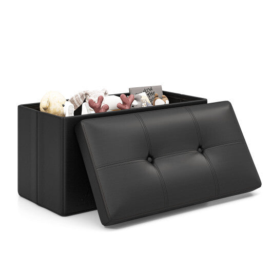 Upholstered Rectangle Footstool with PVC Leather Surface and Storage Function-Black - Color: Black