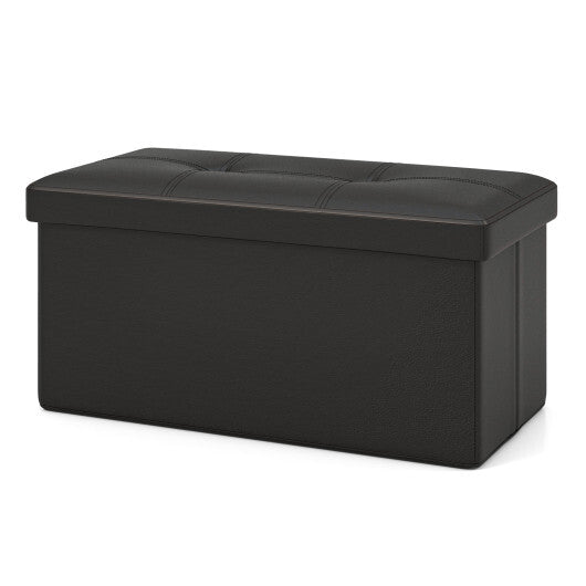 Upholstered Rectangle Footstool with PVC Leather Surface and Storage Function-Black - Color: Black