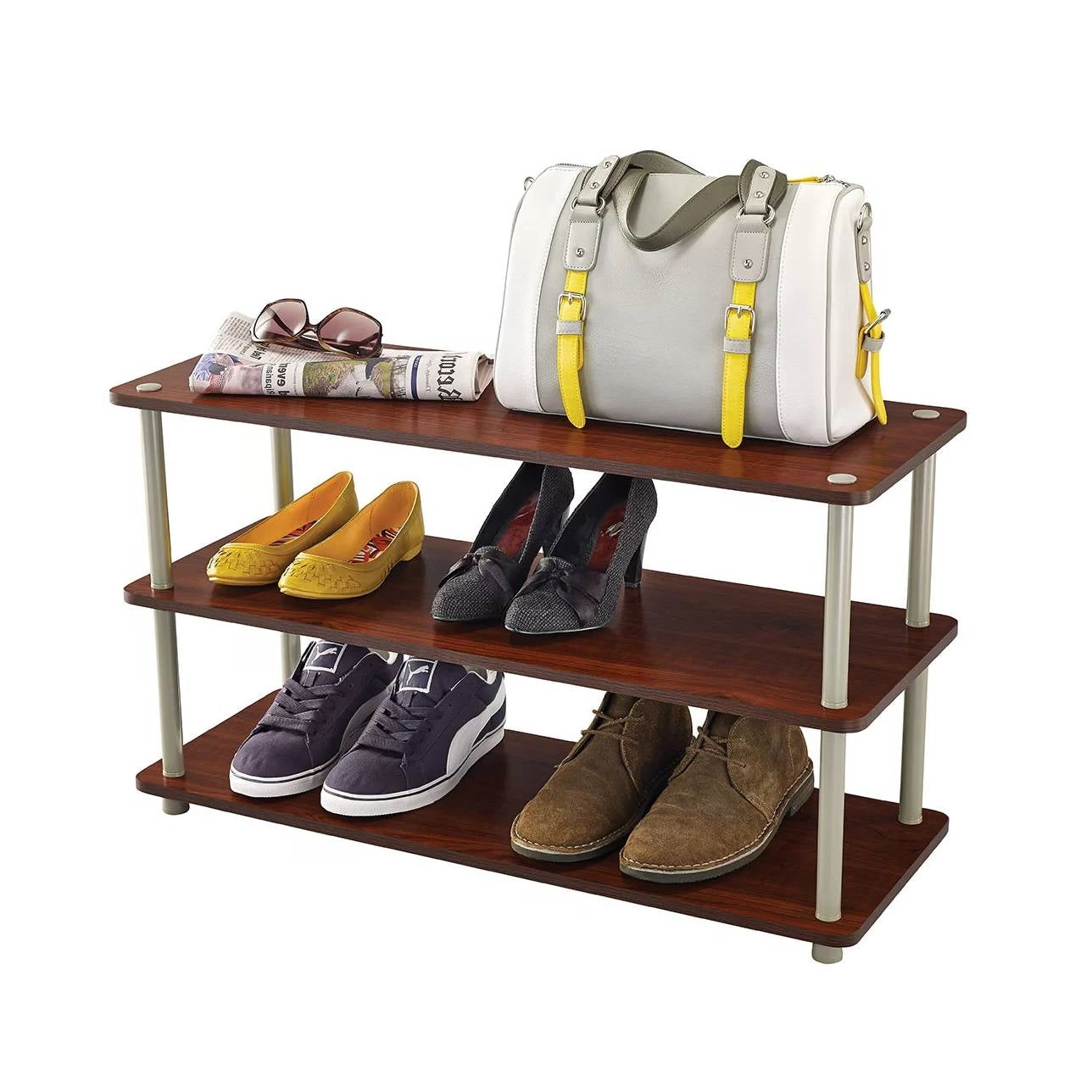 Dark Cherry 3-Shelf Modern Shoe Rack - Holds up to 12 Pair of Shoes-0