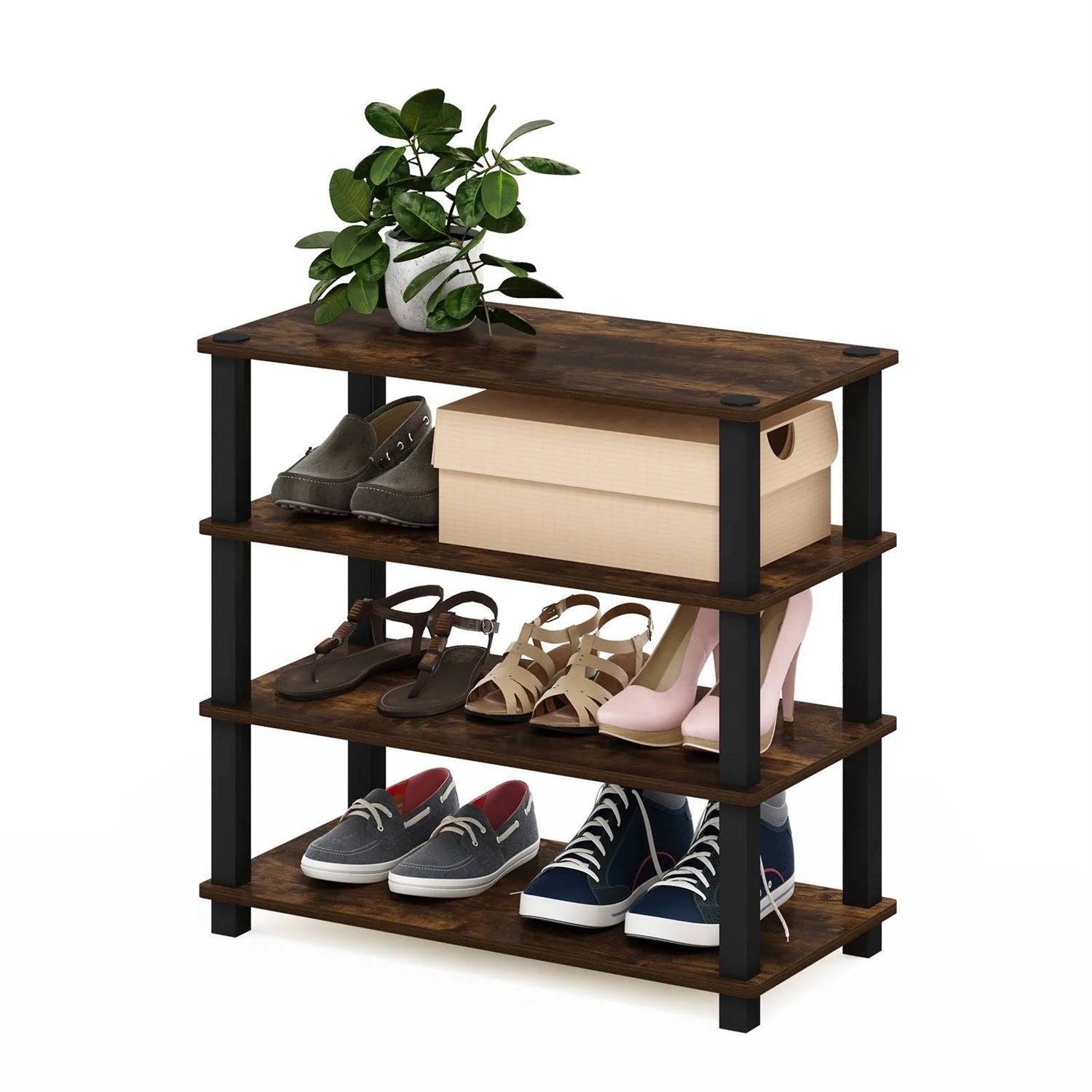 Stackable 4-Shelf Black Brown Wood Shoe Rack - Holds up to 12 Pair of Shoes-0