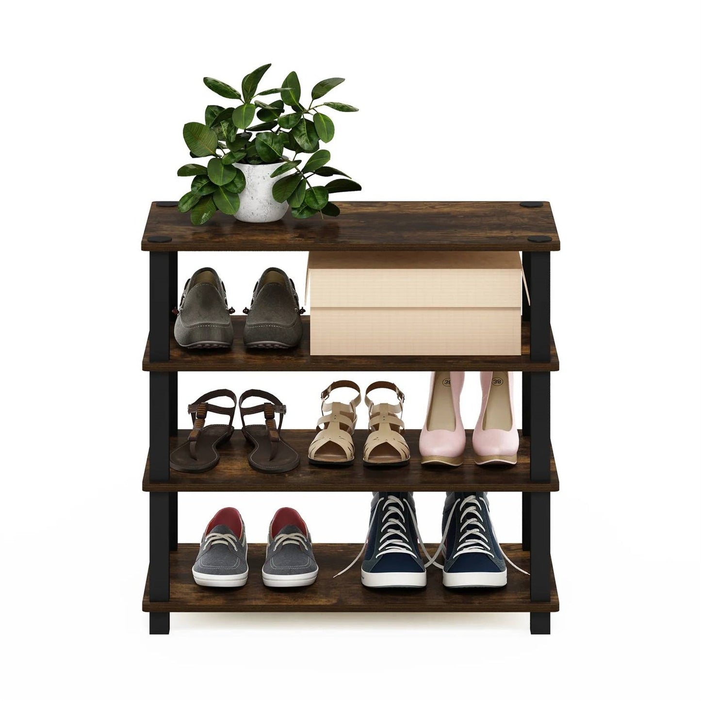 Stackable 4-Shelf Black Brown Wood Shoe Rack - Holds up to 12 Pair of Shoes-1