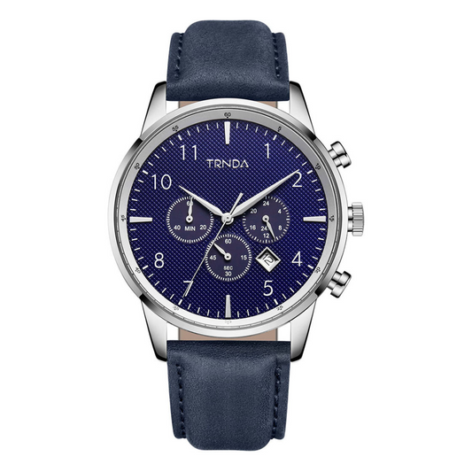 TRNDA STAINLESS STEEL MEN'S WATCH - TIMELESS STYLE WITH BLUE LEATHER BAND & DARK DIAL-0