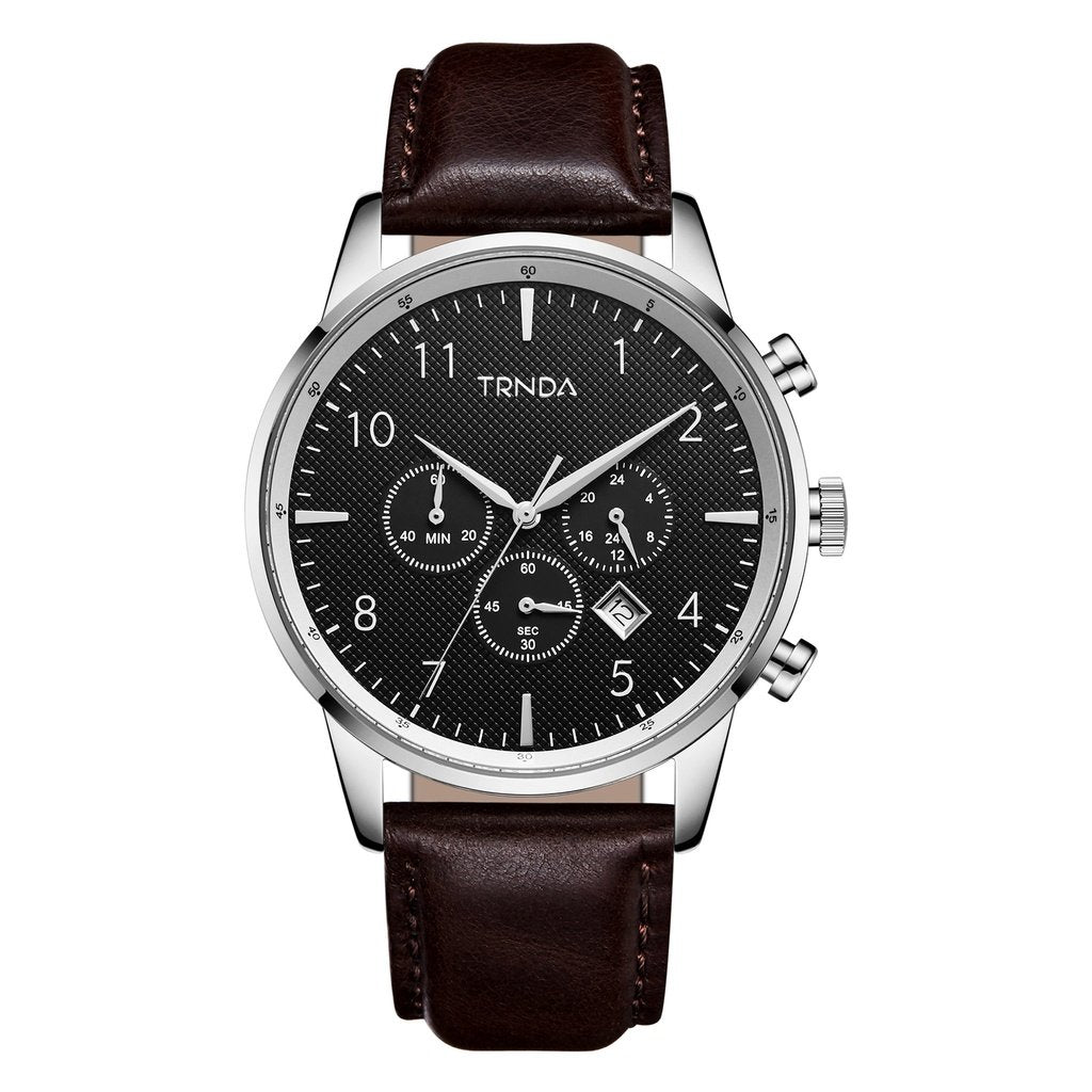 TRNDA STAINLESS STEEL MENS WATCH - CHARCOAL BLACK DIAL & BROWN LEATHER BAND-0