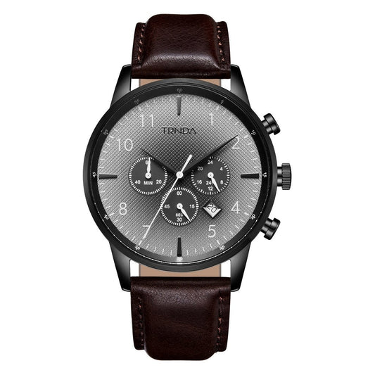 TRNDA STAINLESS STEEL MEN'S WATCH - TIMELESS STYLE WITH GRADIENT DIAL & BROWN LEATHER BAND-0