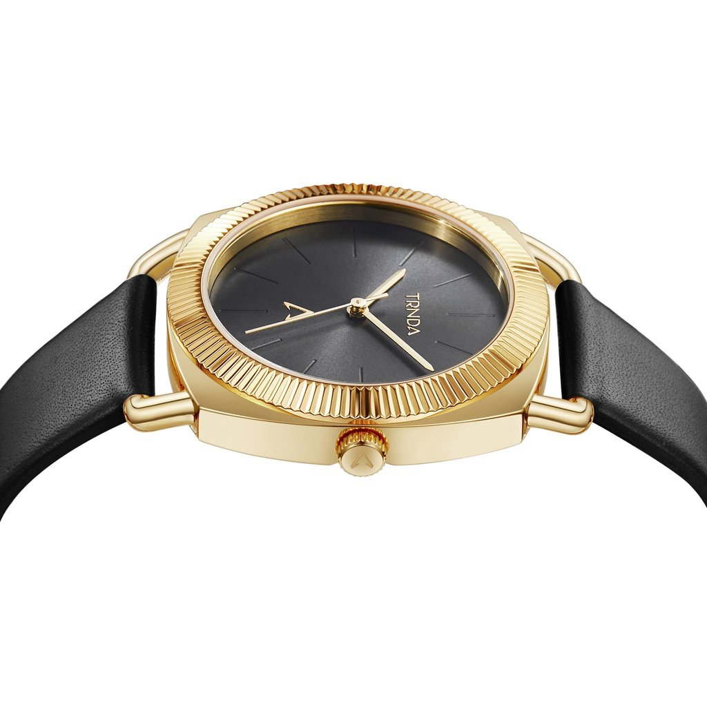 TRNDA Women's Watch with Gold Stainless Steel Case and Black Leather Band-2