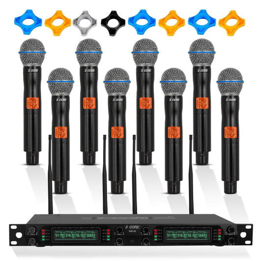 5 Core Wireless Microphone System 8 Channel UHF Portable Receiver w 8 Cordless Dynamic Mic 492F Range-0
