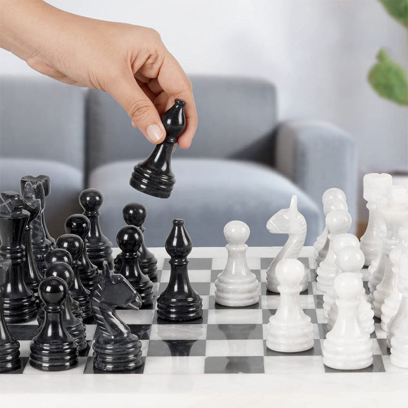 White and Black 15 Inches Premium Quality Marble Chess Set (With Storage Box)-0