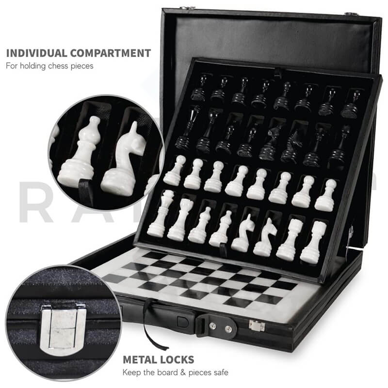 White and Black 15 Inches Premium Quality Marble Chess Set (With Storage Box)-4