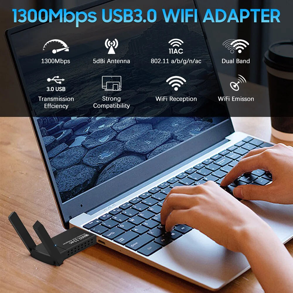 USB 3.0 Wireless WIFI Adapter 1300Mbps Long Range Dongle Dual Band 5Ghz Network