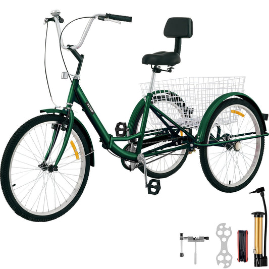 VEVOR Tricycle Adult 24'' Wheels Adult Tricycle 1-Speed 3 Wheel Bikes For Adults Three Wheel Bike For Adults Adult Trike Adult Folding Tricycle Foldable Adult Tricycle 3 Wheel Bike Trike For Adults