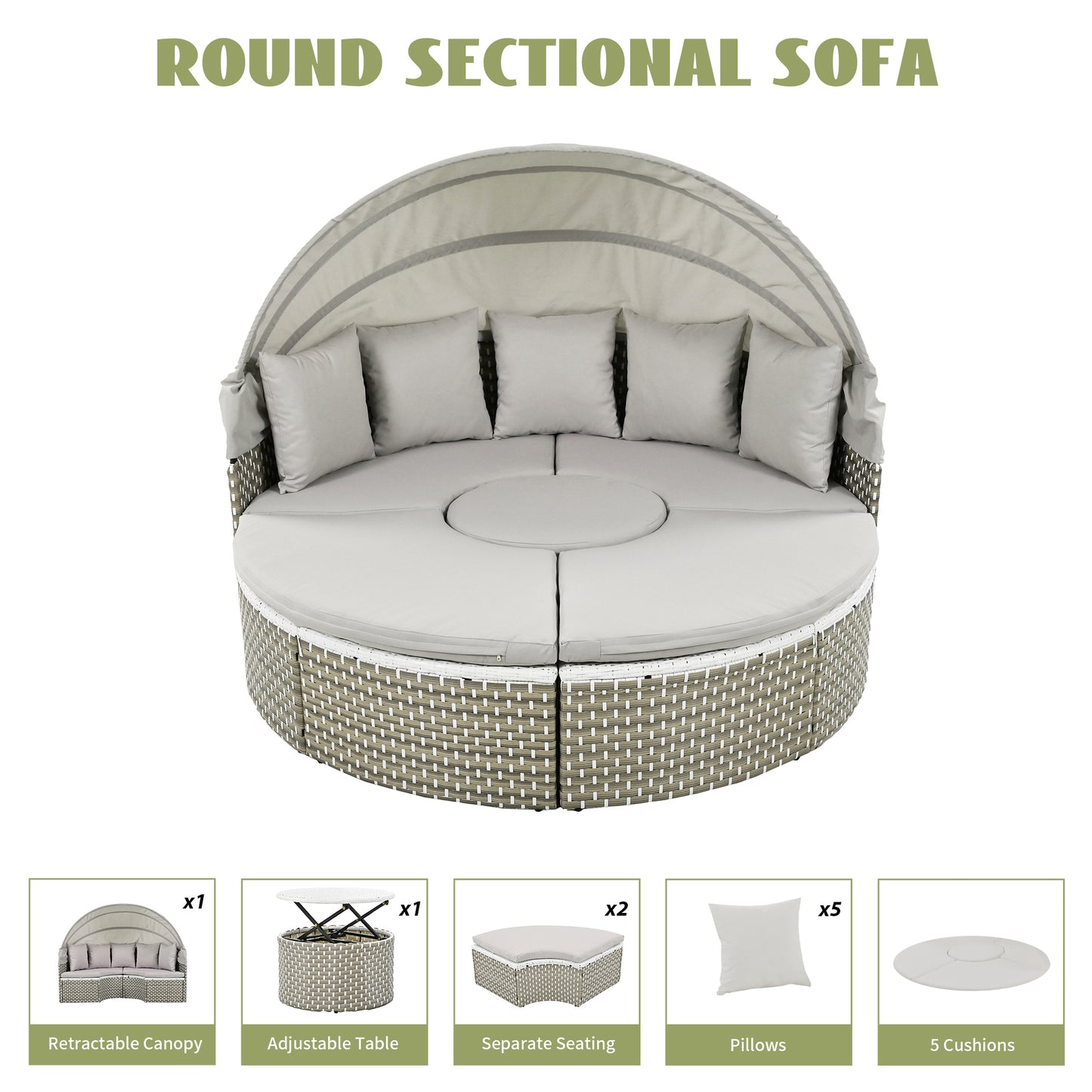 TOPMAX Patio Furniture Round Outdoor Sectional Sofa Set Rattan Daybed Two-Tone Weave Sunbed with Retractable Canopy, Separate Seating and Removable Cushion, Gray