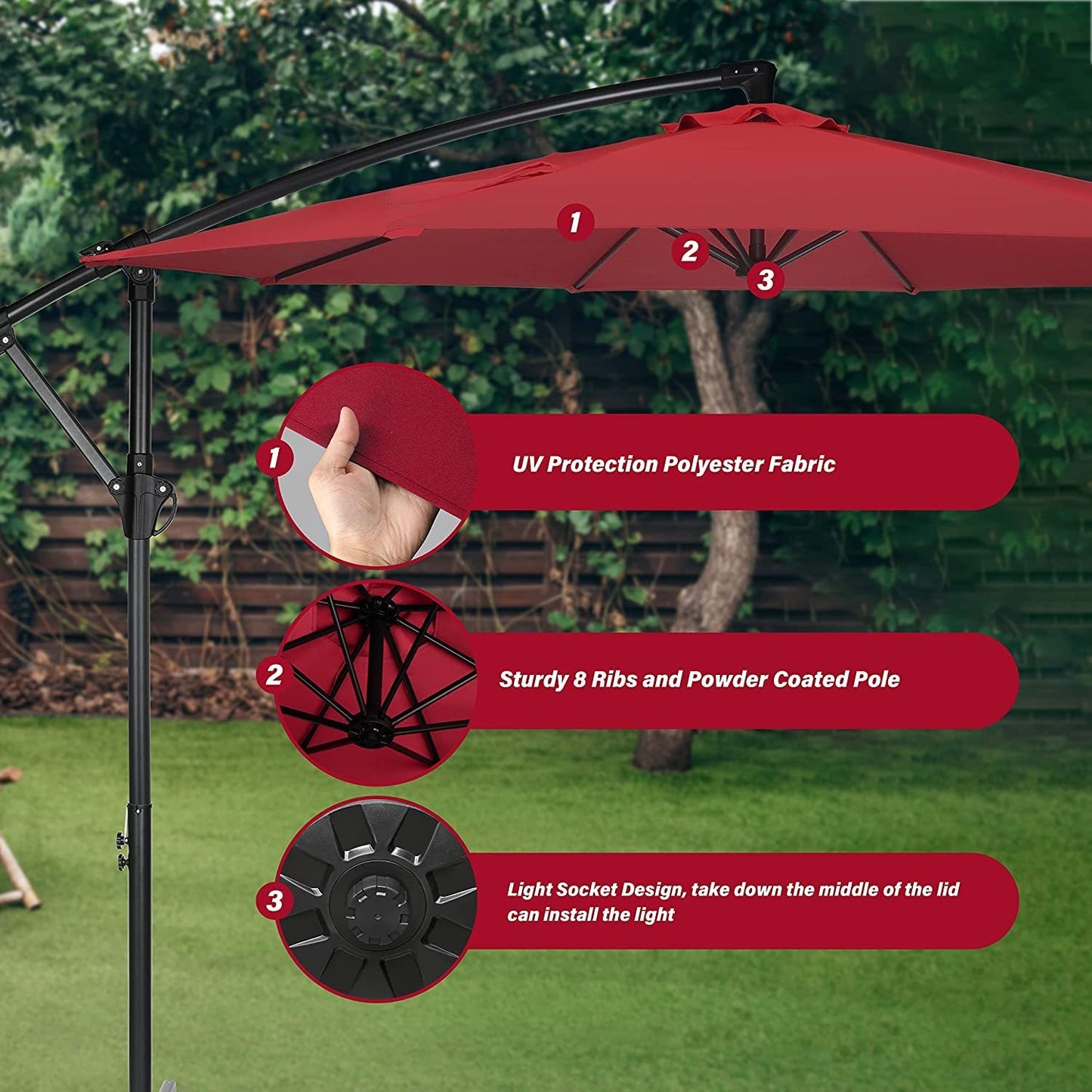 10ft Offset Umbrella Cantilever Patio Hanging Umbrella Outdoor Market Umbrella with Crank & Cross Base Suitable for Garden, Lawn, backyard and Deck, Red