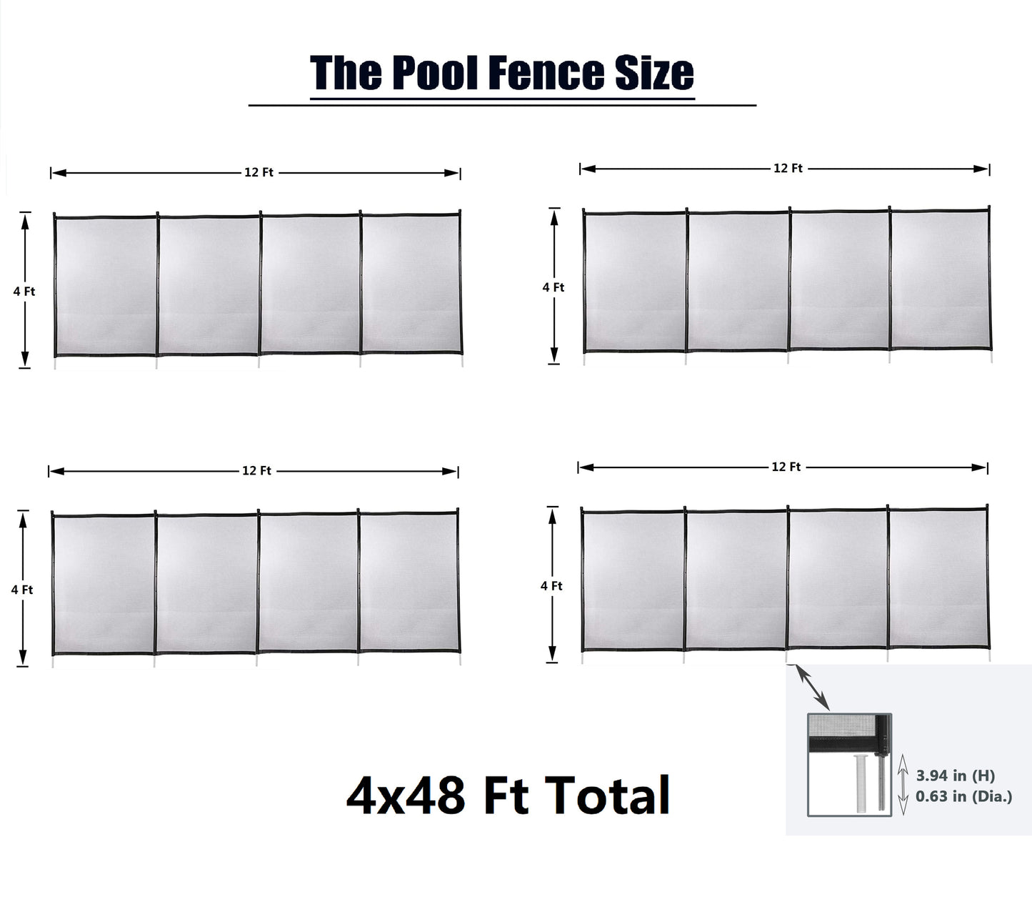 48x4 Ft Outdoor Pool Fence With Section Kit,Removable Mesh Barrier,For Inground Pools,Garden And Patio,Black