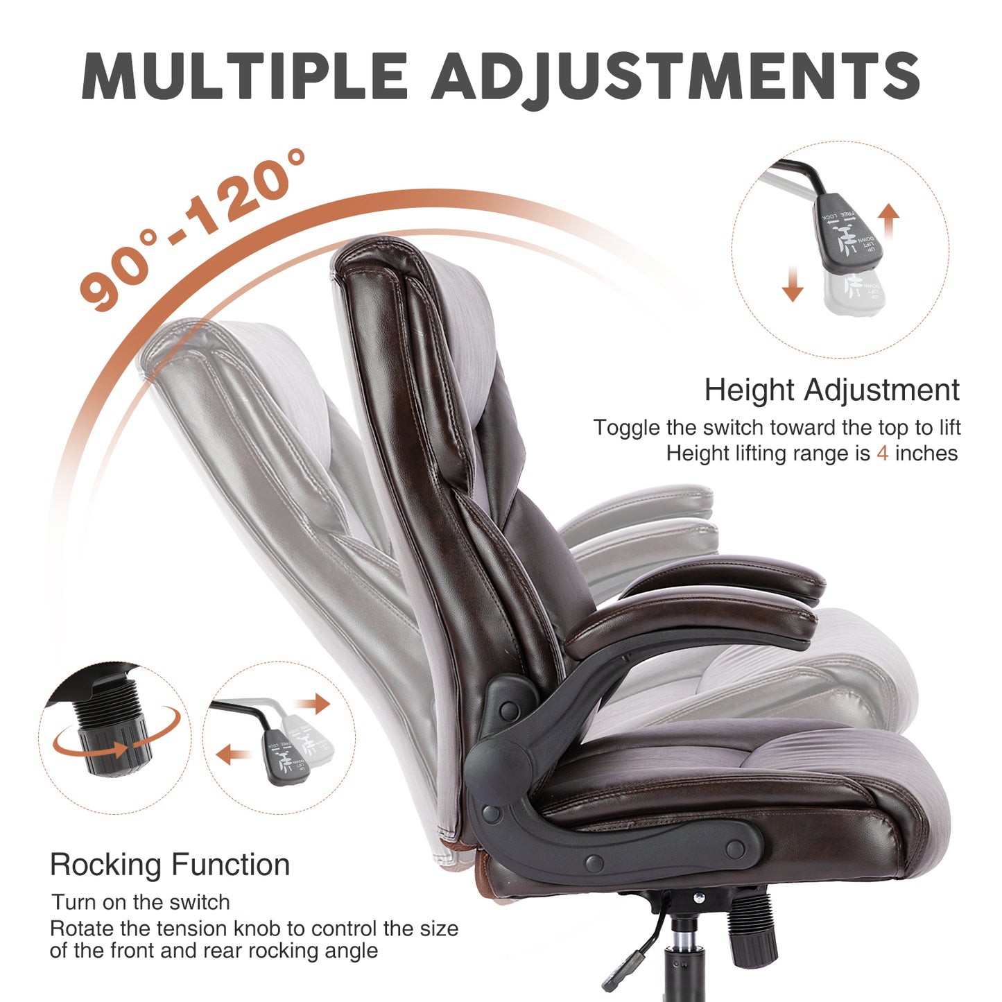 Sweetcrispy Executive Office PU Leather  Desk Chair High Back Flip-Up Armrest Adjustable Ergonomic Home Office Chair