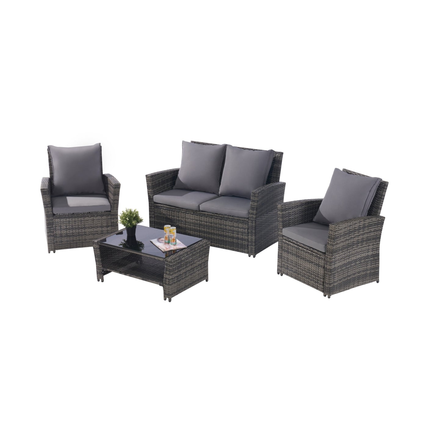 4 Pieces Outdoor Patio Furniture Sets Garden Rattan Chair Wicker Set, Poolside Lawn Chairs with Tempered Glass Coffee Table Porch Furniture