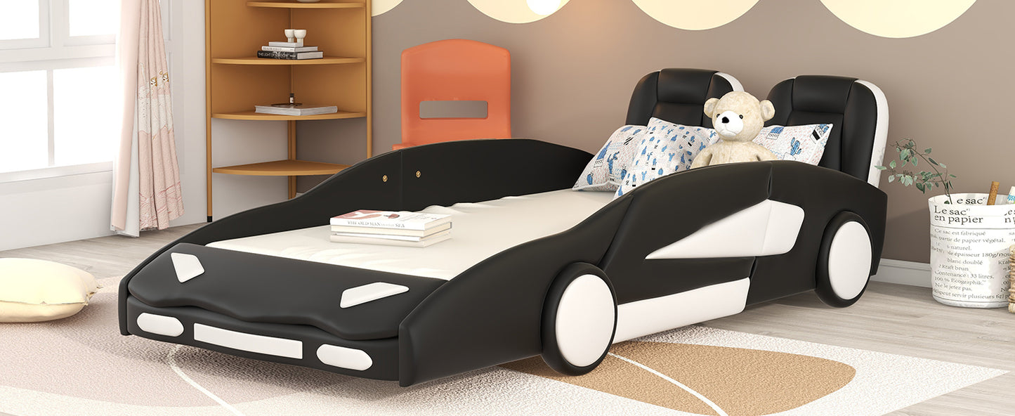 Twin Size Race Car-Shaped Platform Bed with Wheels, Black