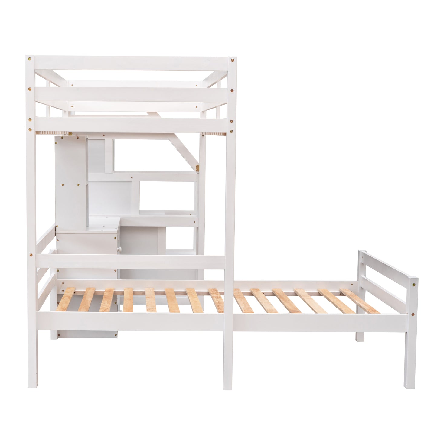 Twin Size Loft Bed with a Stand-alone Bed, Storage Staircase, Desk, Shelves and Drawers, White