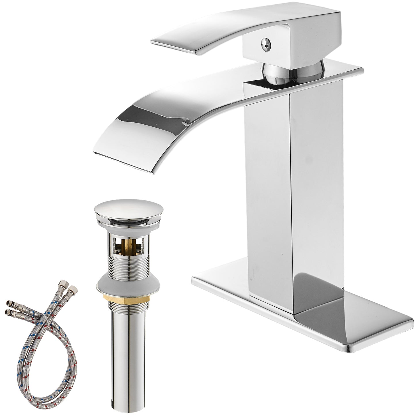 Waterfall Single Hole Single-Handle Low-Arc Bathroom Faucet With Pop-up Drain Assembly in Polished Chrome