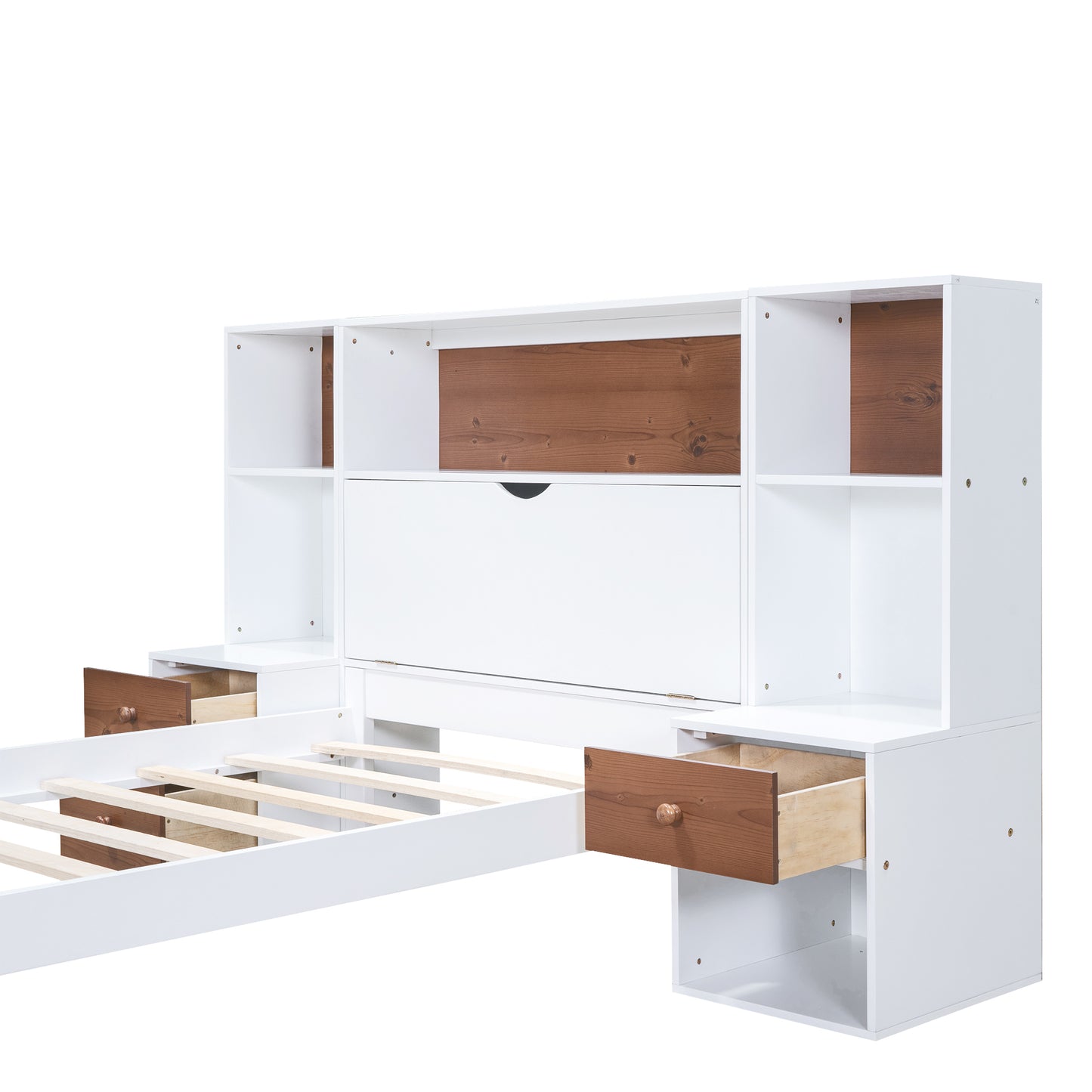 Twin Size Platform Bed with Storage Headboard and Drawers, White