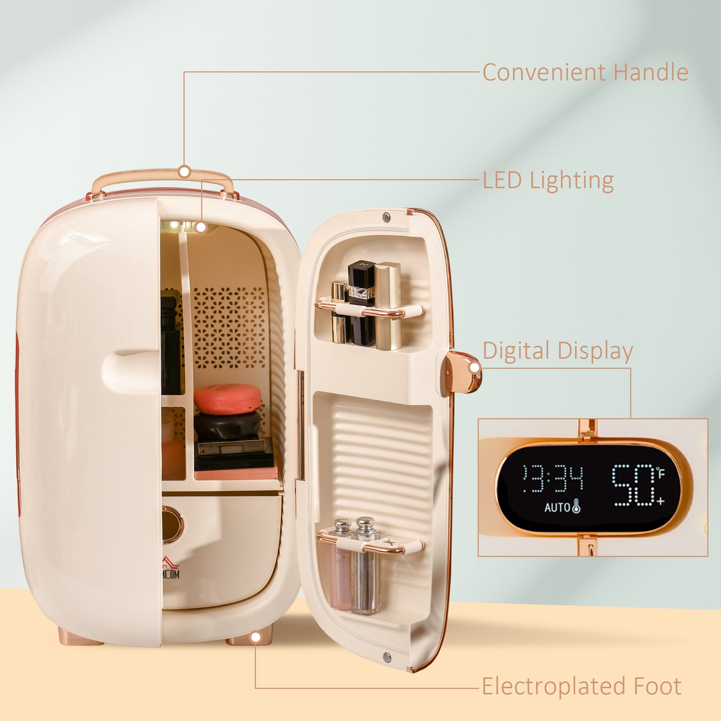 HOMCOM Portable Skincare Fridge with LED Display, 12L Mini Fridge for Beauty, Makeup and Cosmetics, Small Refrigerator Cooler for Bedroom, Home Office, Desktop, White