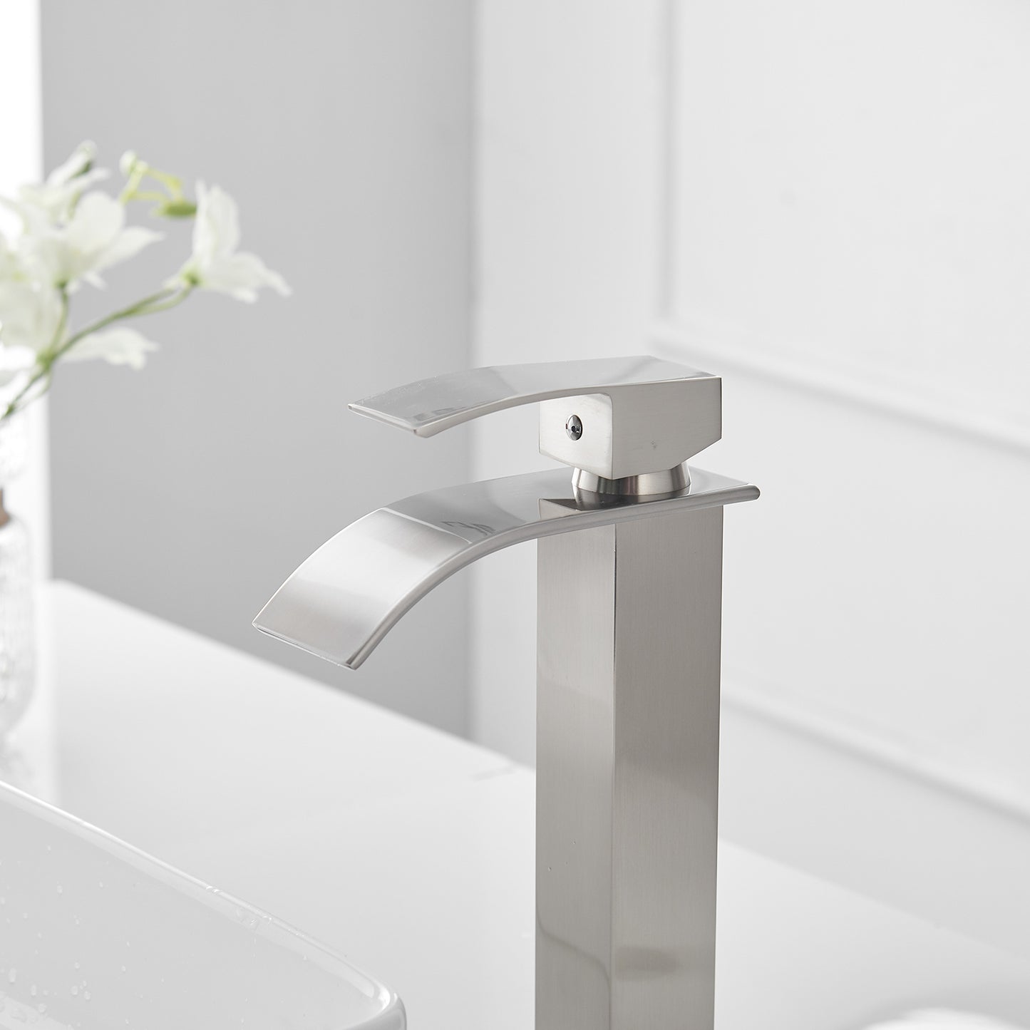 Waterfall Single Hole Single Handle Bathroom Vessel Sink Faucet With Pop-up Drain Assembly in Brushed Nickel