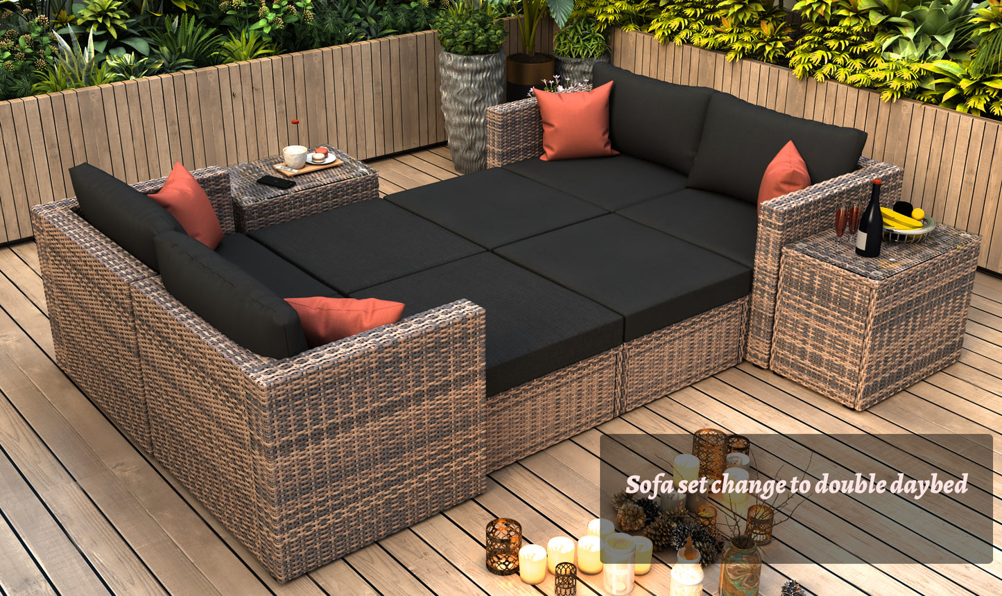 10 Pieces Outdoor Patio Garden Brown Wicker Sectional Conversation Sofa Set with Black Cushions and Red Pillows,w/ Furniture Protection Cover