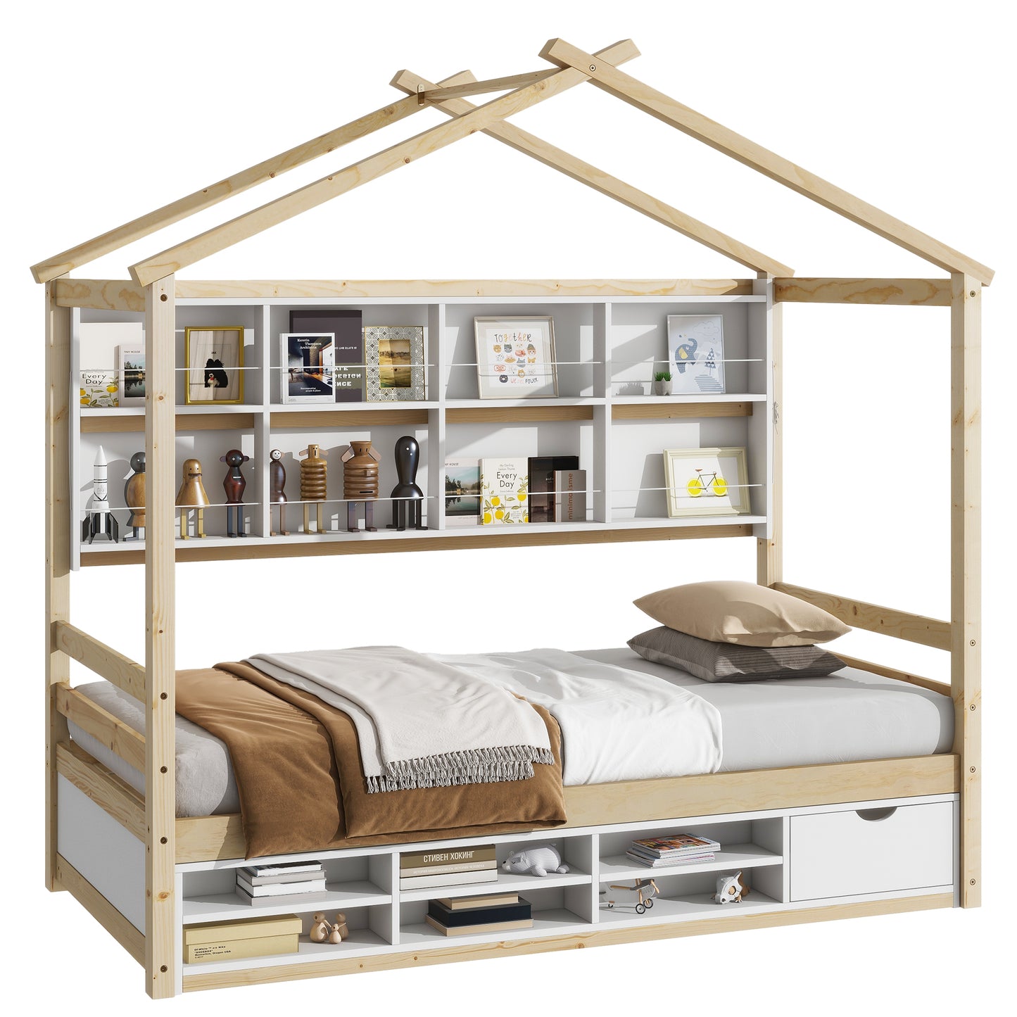 Twin House Bed with Roof Frame, Bedside-shelves, Under Bed Storage Unit,Natural