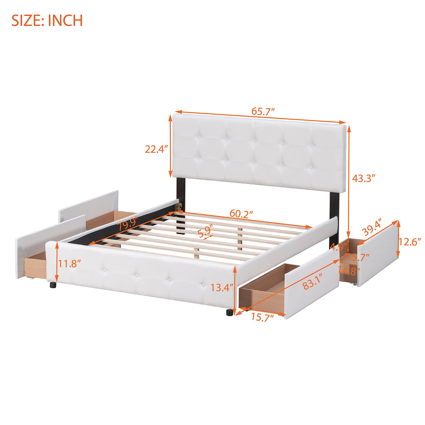 Upholstered Platform Bed with Classic Headboard and 4 Drawers, No Box Spring Needed, Linen Fabric, Queen Size White