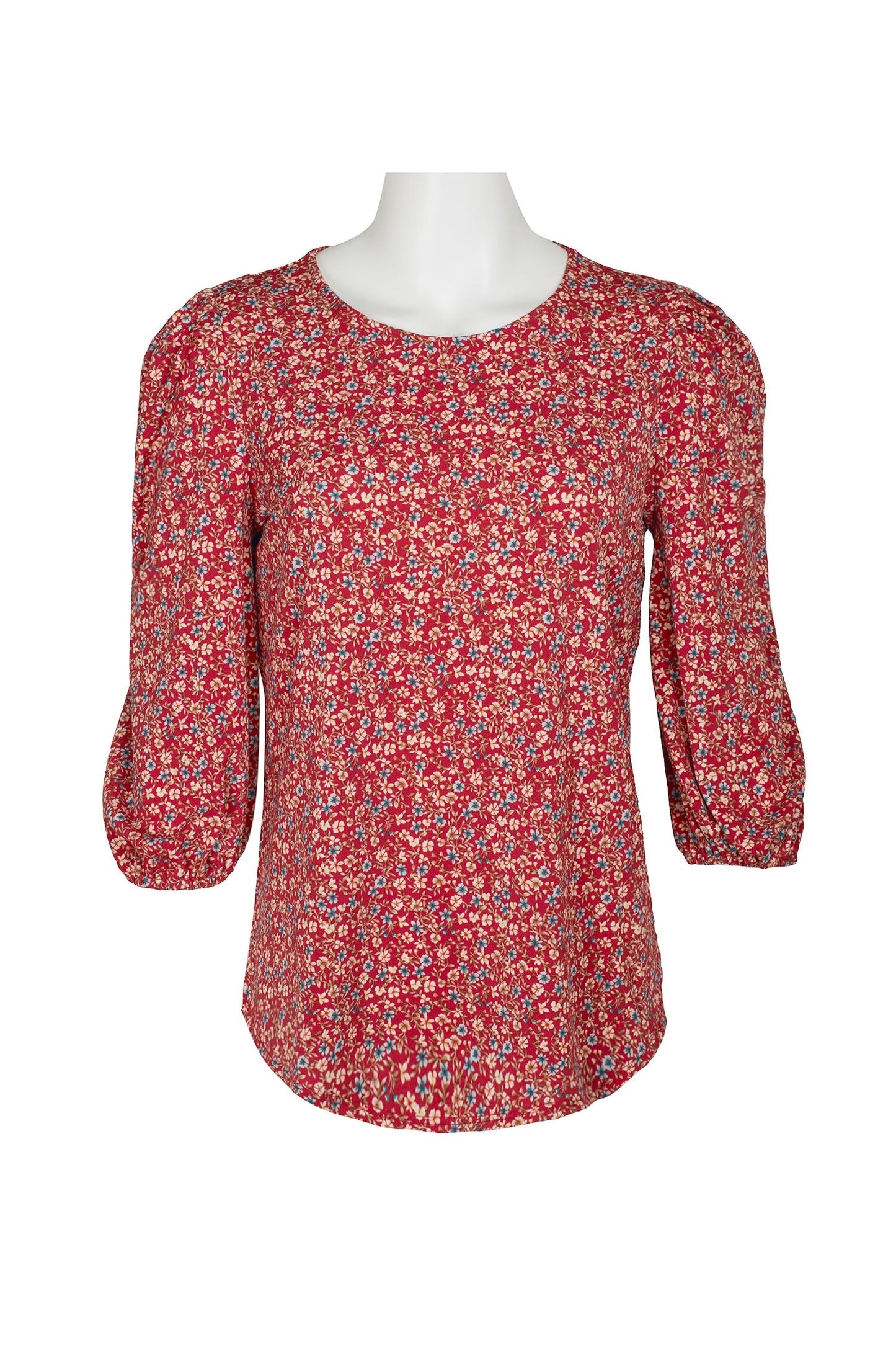 Adrianna Papell Scoop Neck 3/4 Elastic Cuff Sleeve Multi Print 1 Button Keyhole Back Knit Moss Crepe Top-0