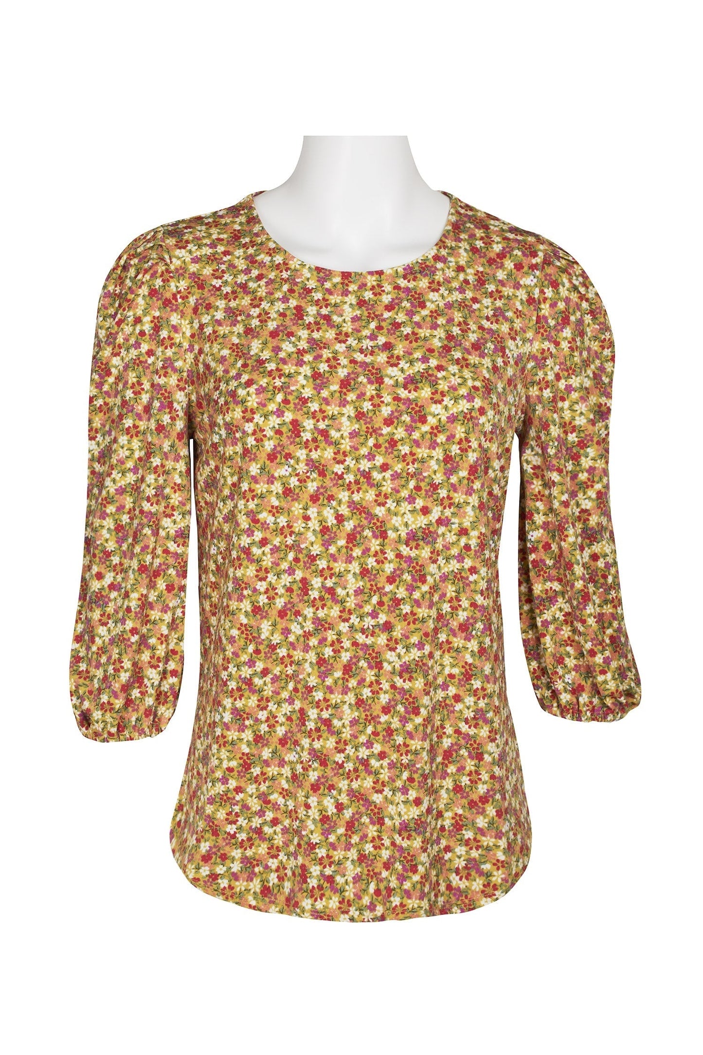 Adrianna Papell Scoop Neck 3/4 Elastic Cuff Sleeve Multi Print 1 Button Keyhole Back Knit Moss Crepe Top-2