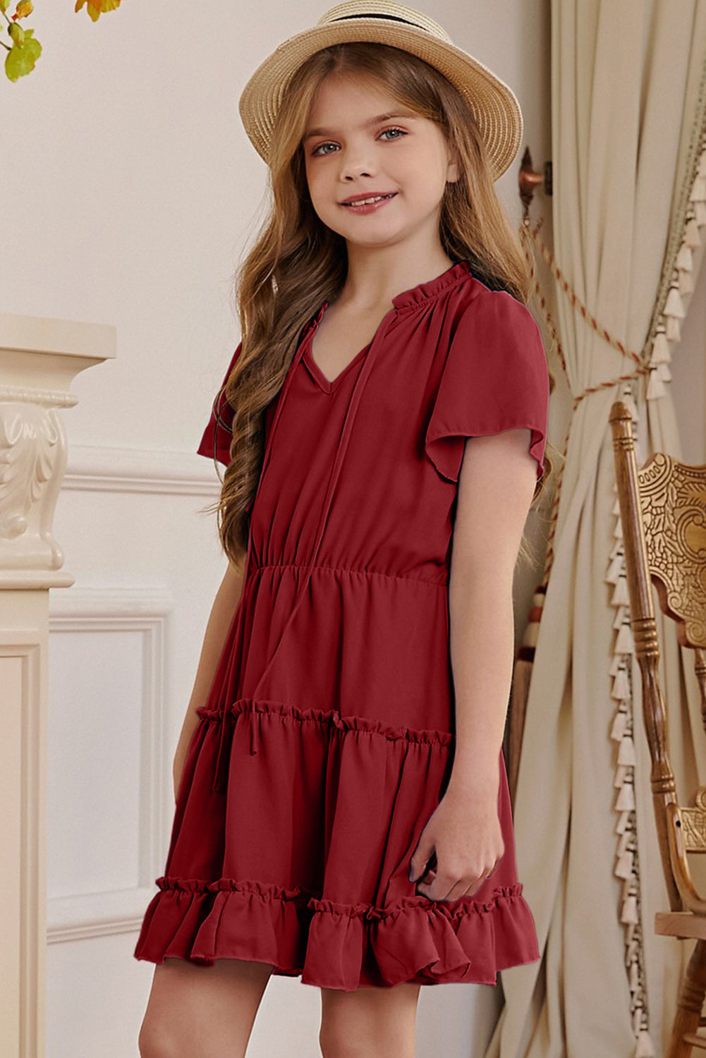 girls-frilled-notched-neck-puff-sleeve-dress