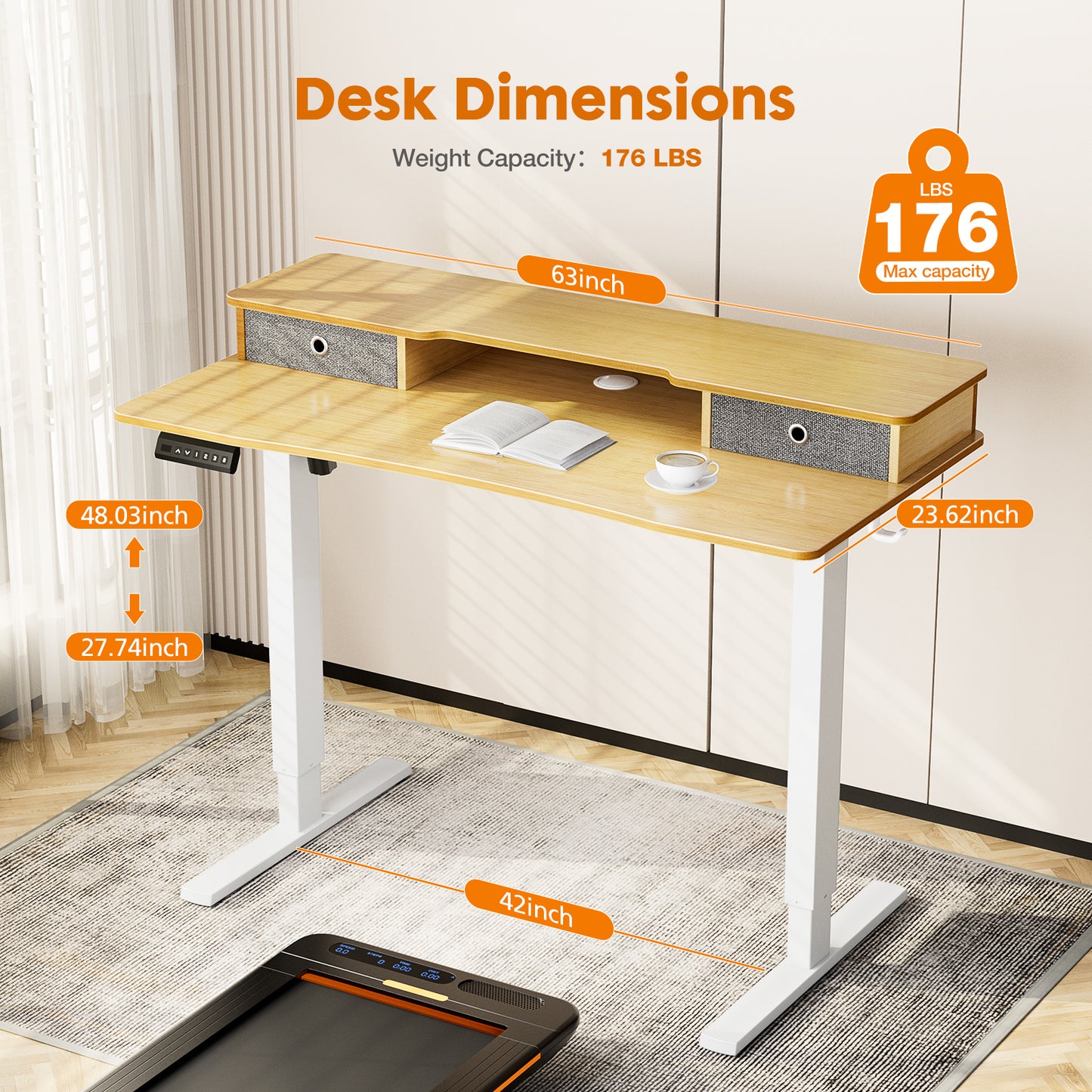 Sweetcrispy Home Office Height Adjustable Electric Standing Desk with Storage Shelf Double Drawer