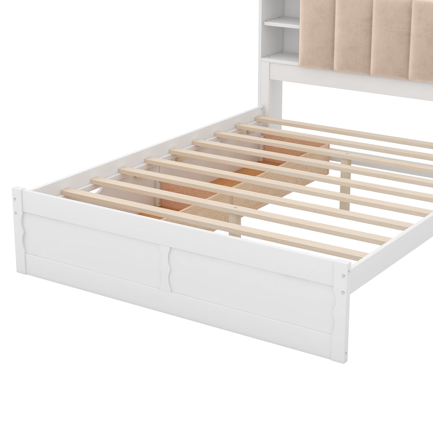 Wood Queen Size Platform Bed with Storage Headboard, Shelves and 2 Drawers, White