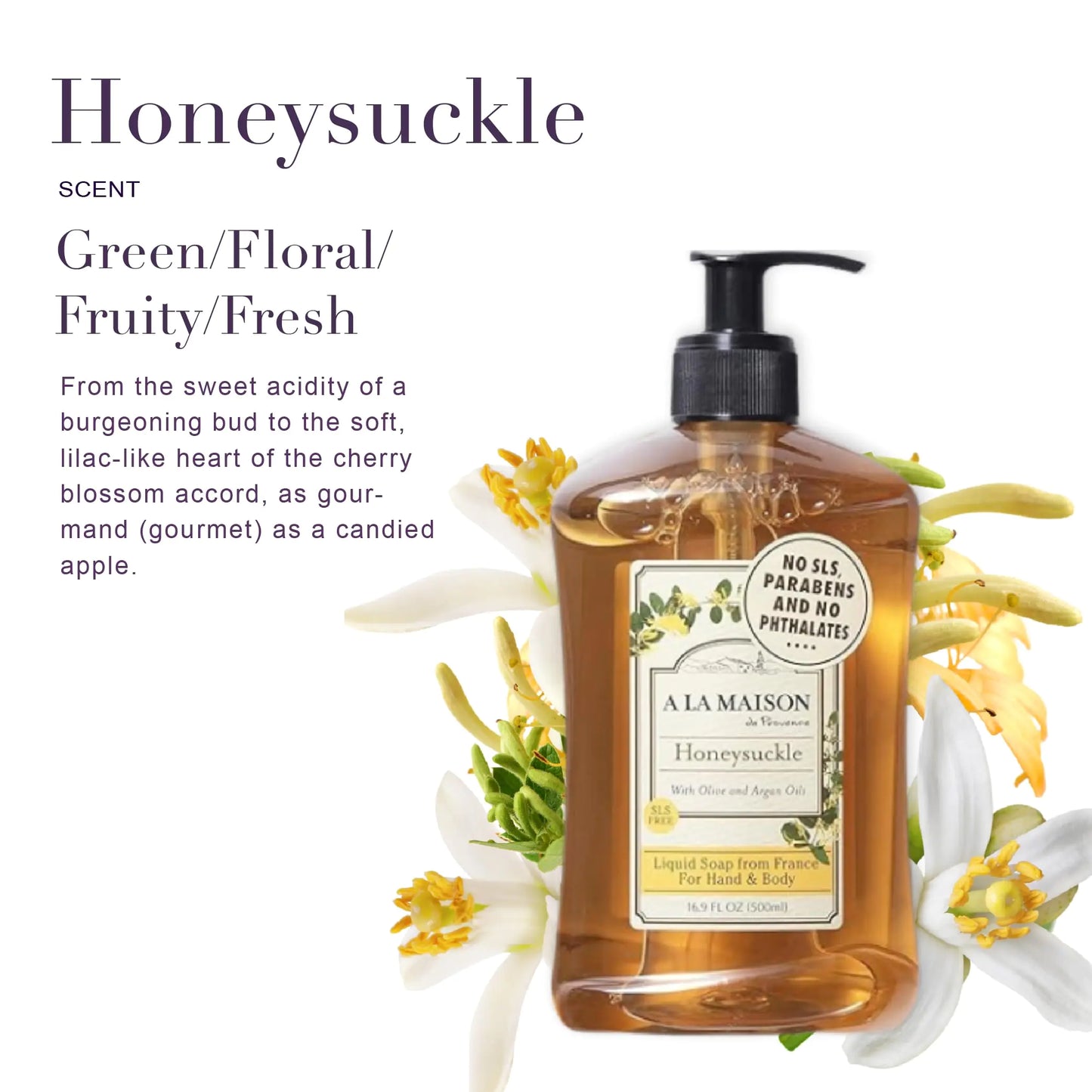 A LA MAISON French Liquid Hand Soap, Honeysuckle - Natural Hand Wash Made with Essential Oils - Biodegradable, Plant-Based, Vegan, Cruelty-Free, Alcohol & Paraben Free (16.9 oz, 3 Pack) 16.9 Fl Oz (Pack of 3)