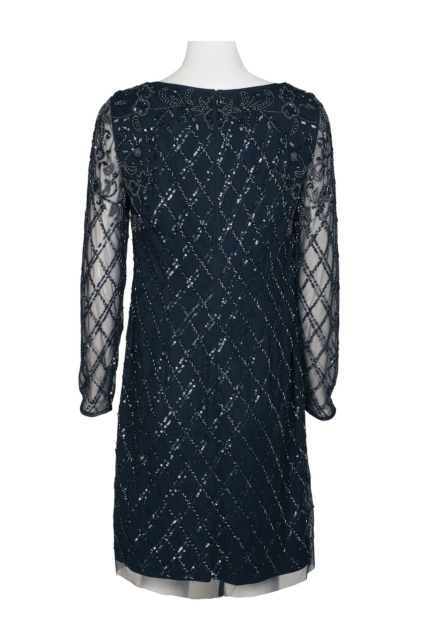 Adrianna Papell Scoop Neck Illusion Long Sleeve Sequined Beaded Zipper Back Shift Mesh Dress-1