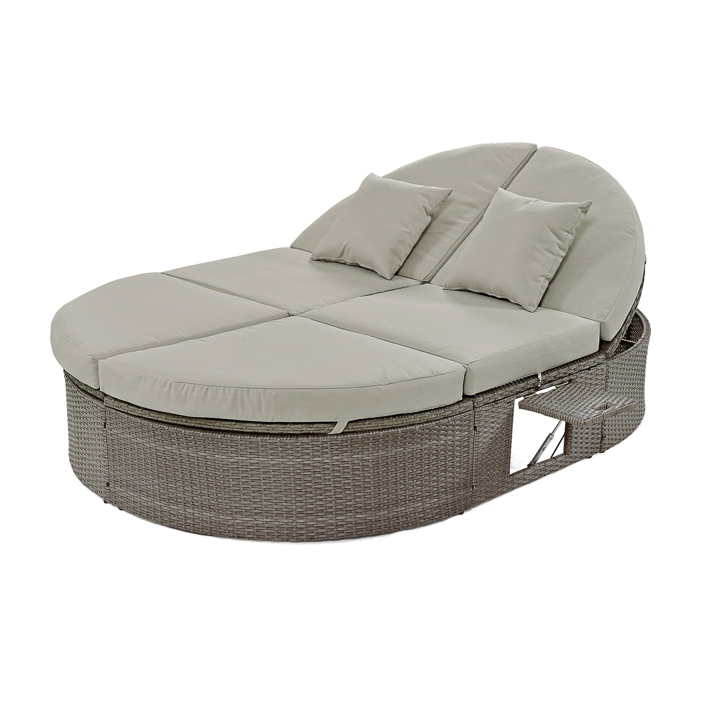 TOPMAX Outdoor Sun Bed Patio 2-Person Daybed with Cushions and Pillows, Rattan Garden Reclining Chaise Lounge with Adjustable Backrests and Foldable Cup Trays for Lawn,Poolside, Gray