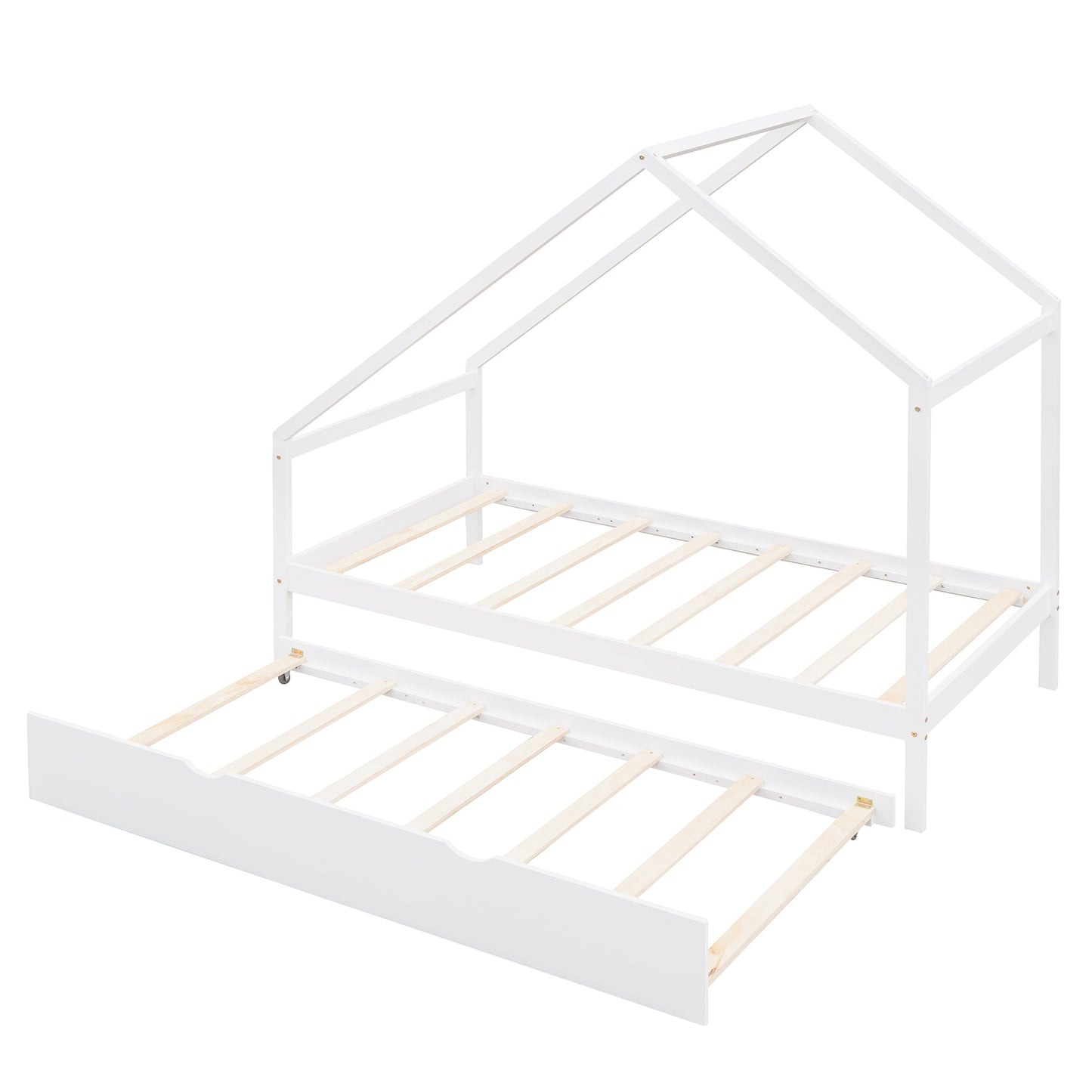 Twin Size Wooden House Bed With Twin Size Trundle, White