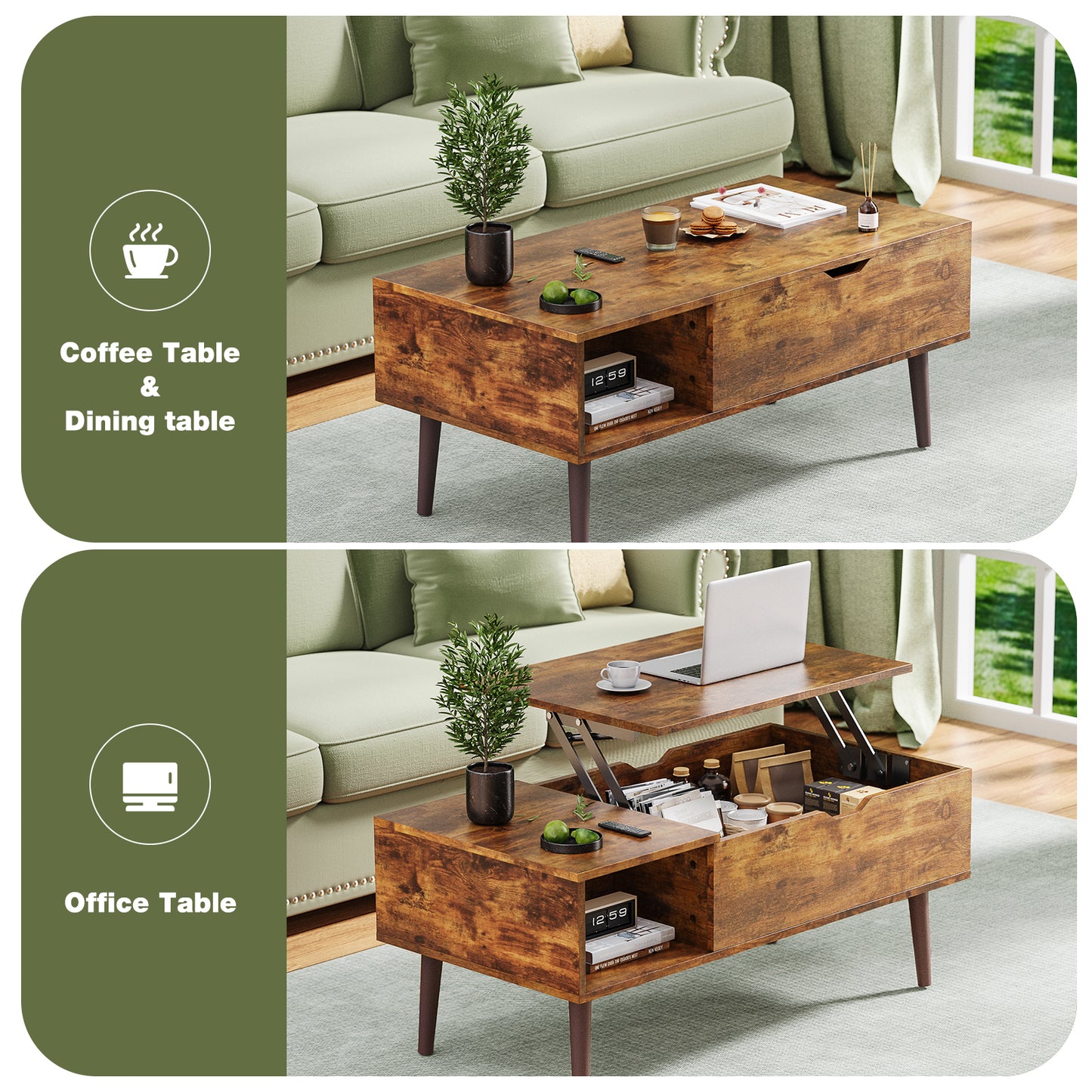 Sweetcrispy Lift Top Coffee Storage Wood Tables with Hidden Compartment Small Dining Desk for Home Living Room Office