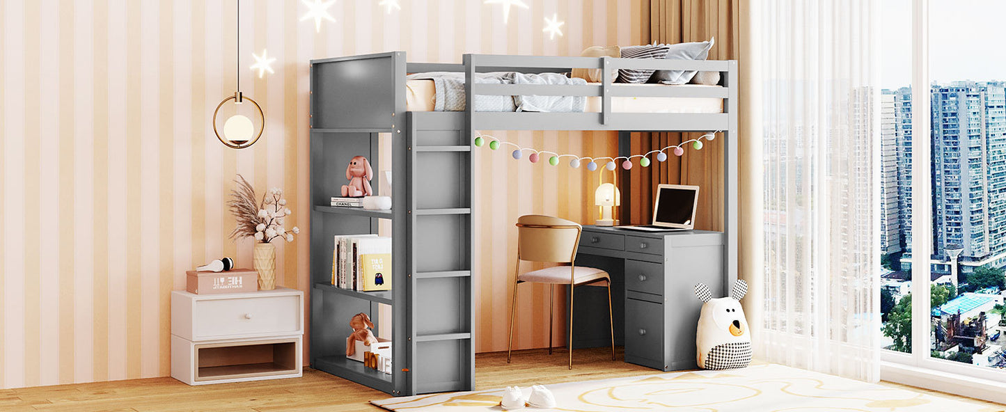 Twin Size Loft Bed with Ladder, Shelves, and Desk, Gray