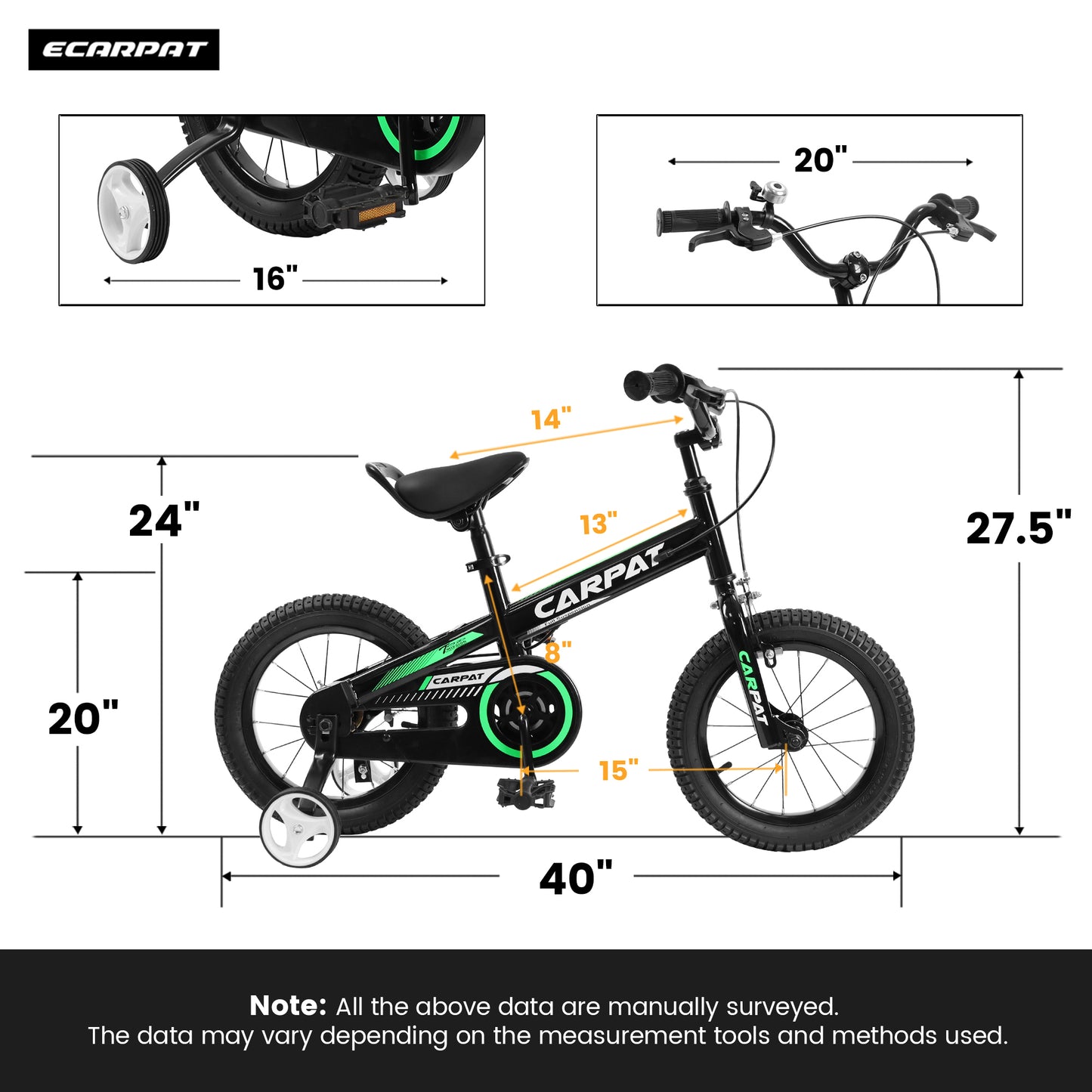 C14112A Ecarpat Kids' Bike 14 Inch Wheels, 1-Speed Boys Girls Child Bicycles For 3-5 Years, With Removable Training Wheels Baby Toys, Coaster+V Brake