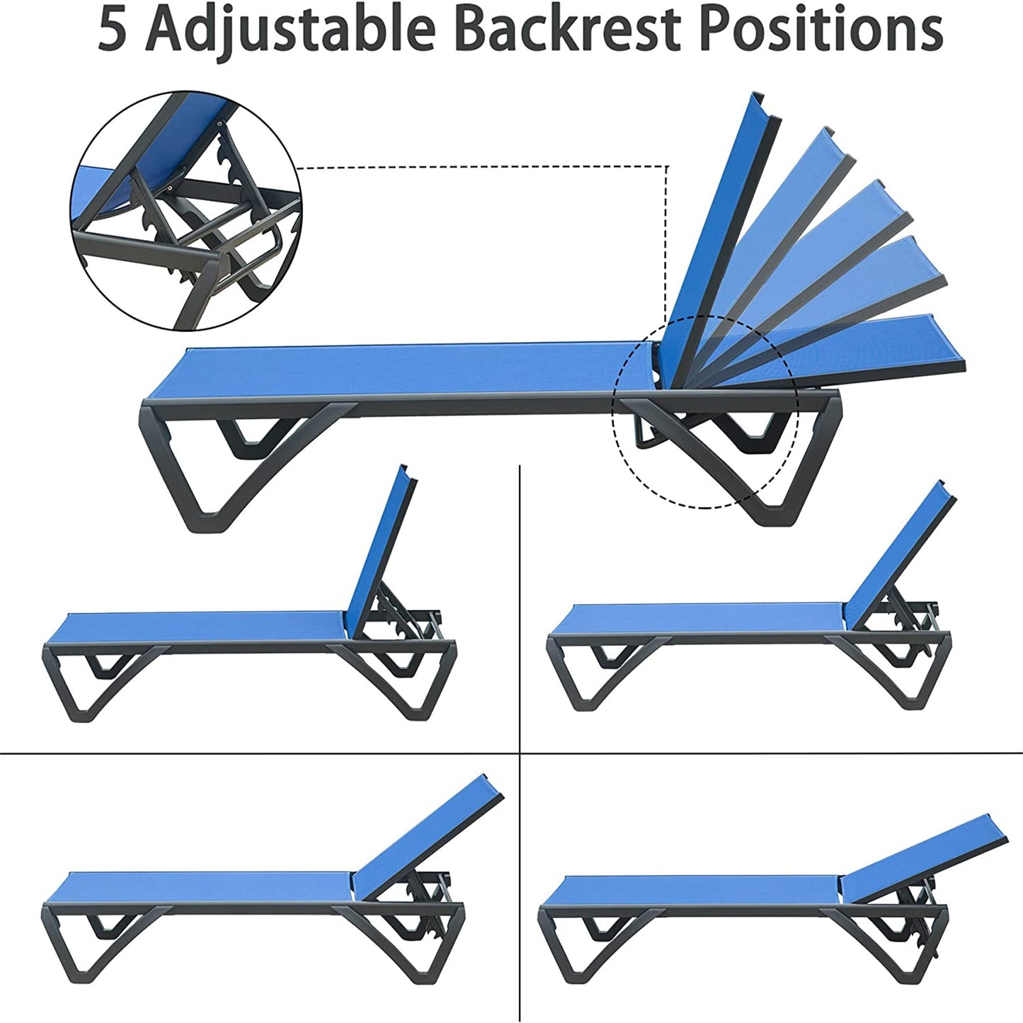 Patio Chaise Lounge Chair Set of 3,Outdoor Aluminum Polypropylene Sunbathing Chair with 5 Adjustable Position,Side Table for Beach,Yard,Balcony,Poolside(Blue, 2 Lounge Chairs+1 Tbale)