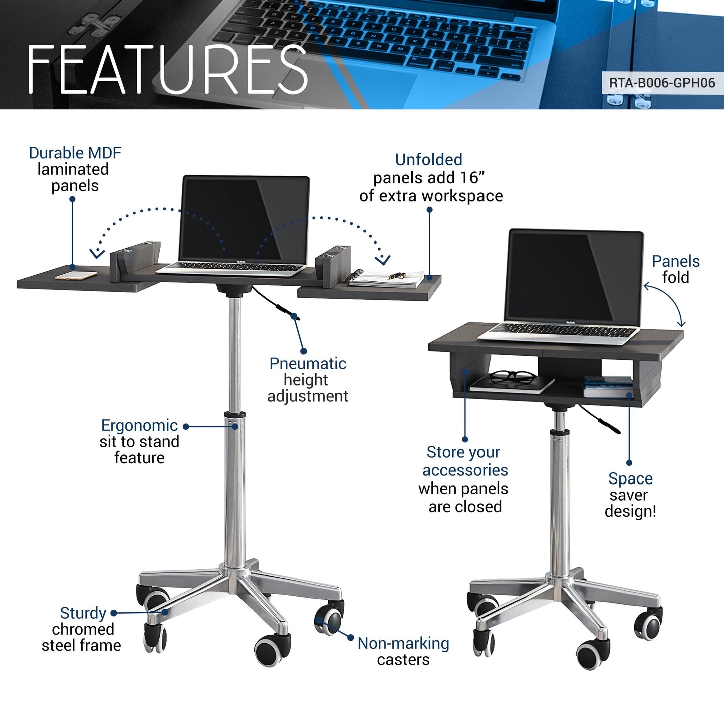 Techni Mobili Folding Table Laptop Cart, Graphite