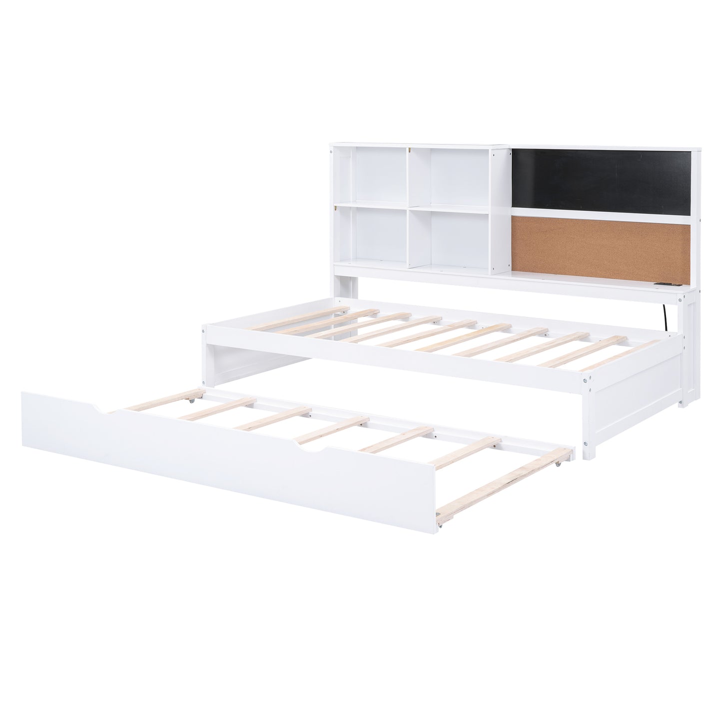 Twin Size Daybed with Storage Shelves, Blackboard, Cork board, USB Ports and Twin Size Trundle, White