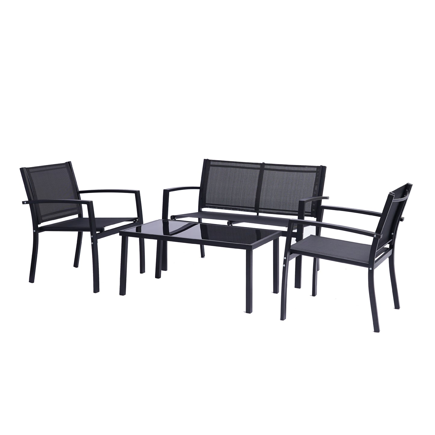 4 Pieces Patio Furniture Set Outdoor Garden Patio Conversation Sets Poolside Lawn Chairs with Glass Coffee Table Porch Furniture (Black)