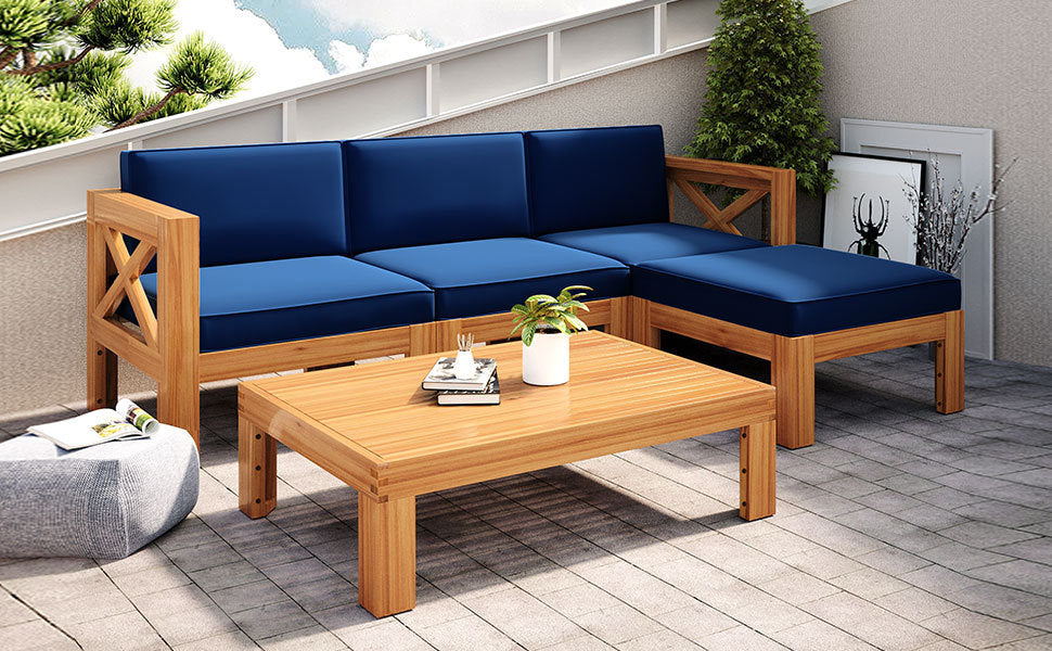 TOPMAX Outdoor Backyard Patio Wood 5-Piece Sectional Sofa Seating Group Set with Cushions, Natural Finish+ Blue Cushions