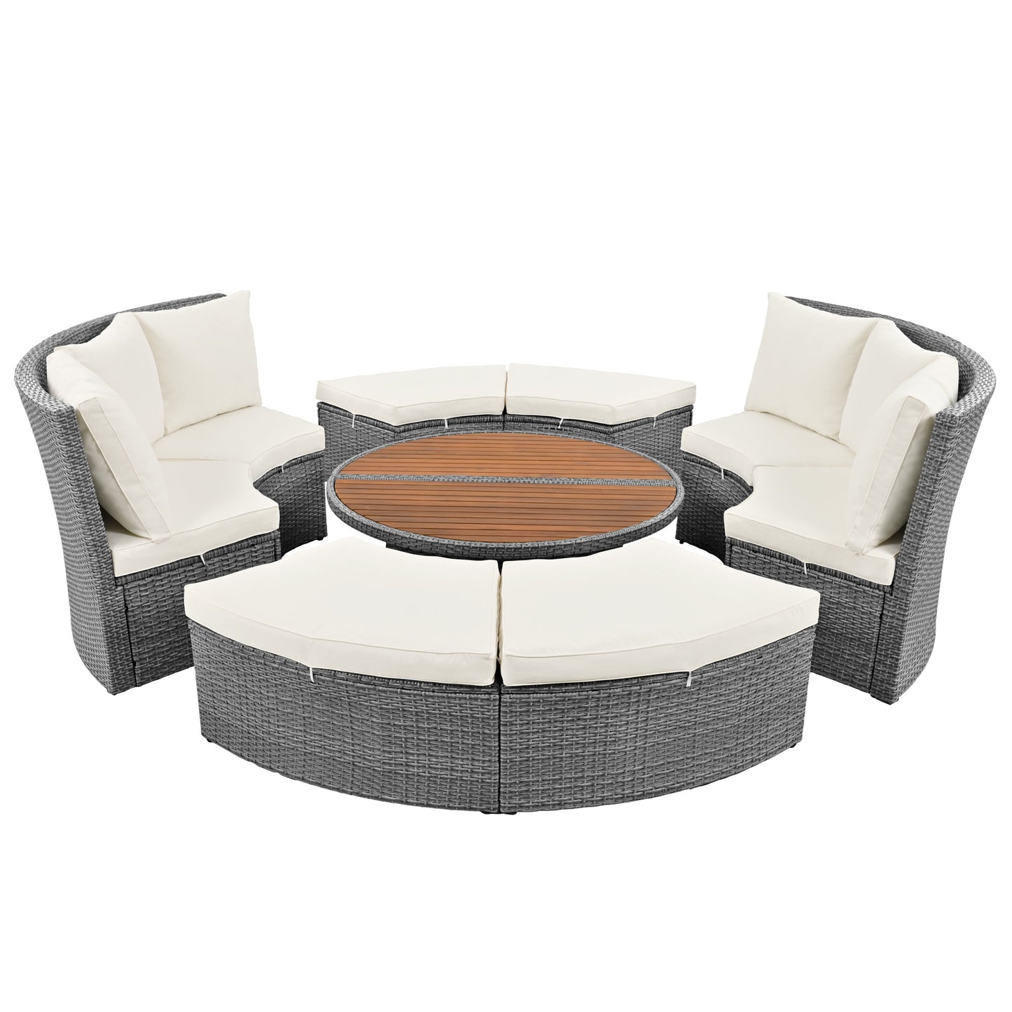 TOPMAX Patio 5-Piece Round Rattan Sectional Sofa Set All-Weather PE Wicker Sunbed Daybed with Round Liftable Table and Washable Cushions for Outdoor Backyard Poolside, Beige